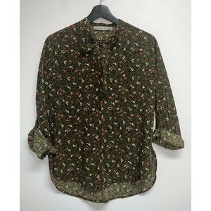 Abercrombie Fitch Womens Popover Top Size XS Floral Roll Tab Sleeve Army Green